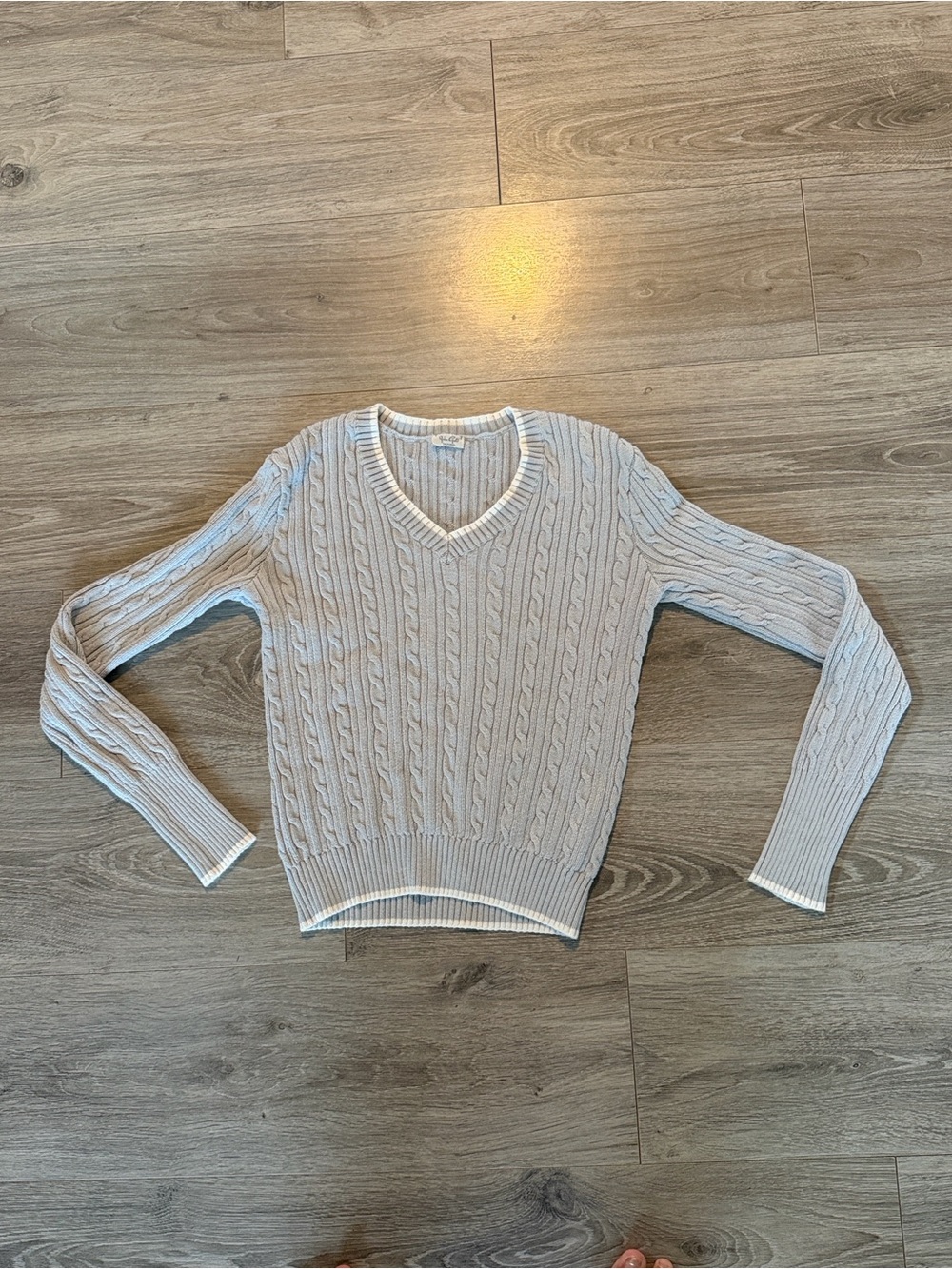 Textured V-Neck Cable Knit Sweater in Cream
